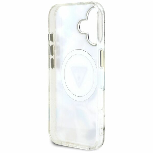 GUESS case for IPHONE 16 compatible with MagSafe GUHMP16SHFLPEDH (IML Metal Glitter Flowers Triangle) white