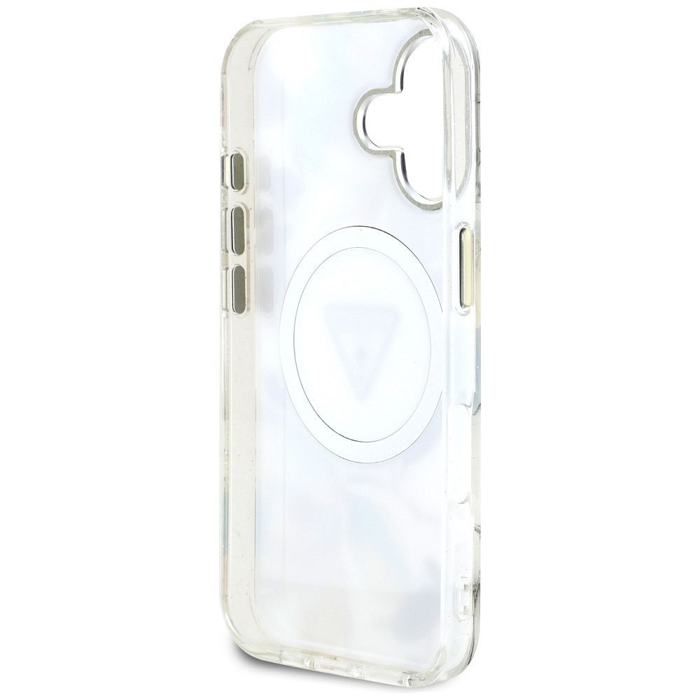 GUESS case for IPHONE 16 compatible with MagSafe GUHMP16SHFLPEDH (IML Metal Glitter Flowers Triangle) white