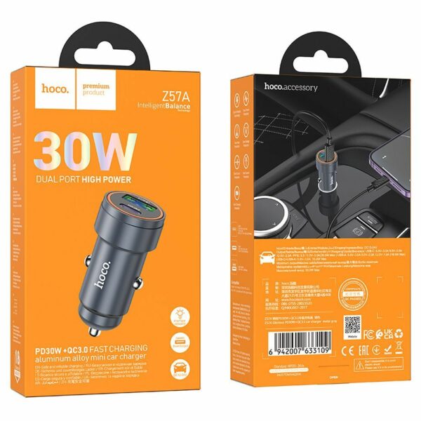 HOCO car charger USB A + Type C PD QC3.0 3A 30W Z57A metal gray