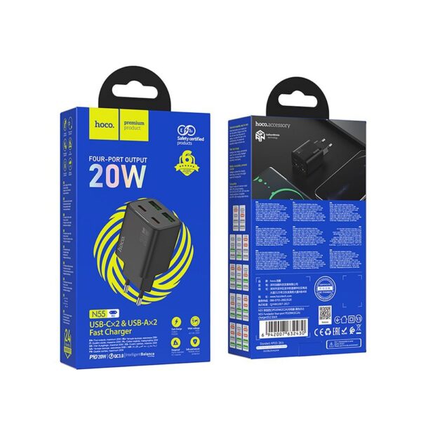 HOCO charger 2 x Type C + 2 x USB A PD QC3.0 3A 20W N55 black
