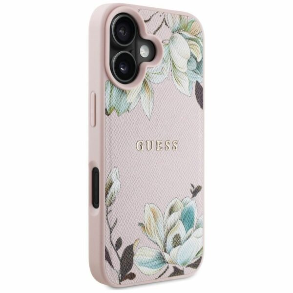 GUESS case for IPHONE 16 compatible with MagSafe GUHMP16SPGNMPLMP (PU Grained Flowers Classic Logo) pink