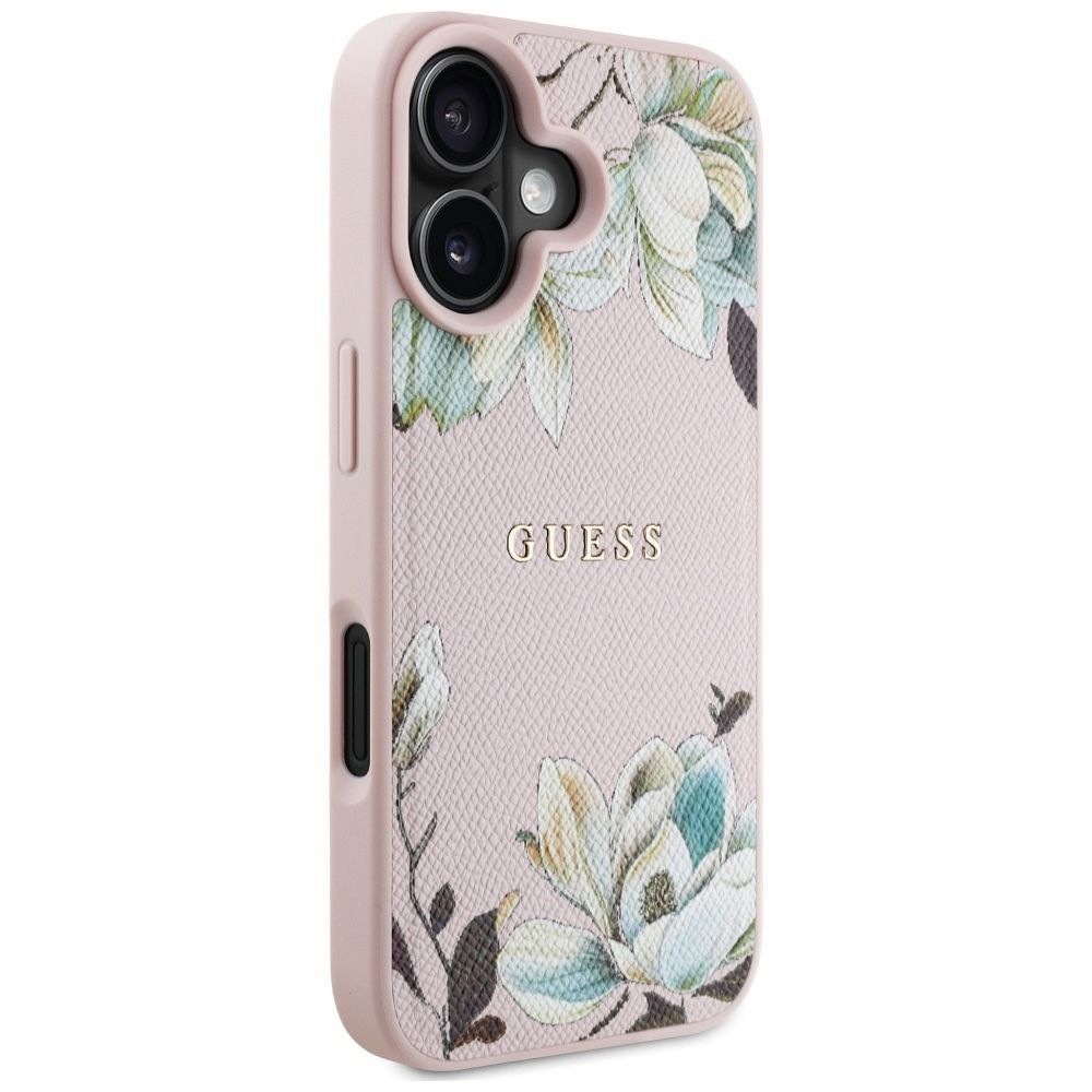 GUESS case for IPHONE 16 compatible with MagSafe GUHMP16SPGNMPLMP (PU Grained Flowers Classic Logo) pink