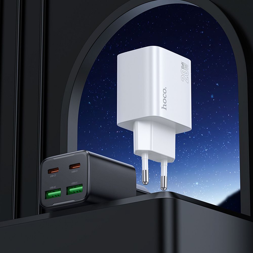 HOCO charger 2 x Type C + 2 x USB A + cable Type C to Lightning PD QC3.0 3A 20W N55 white
