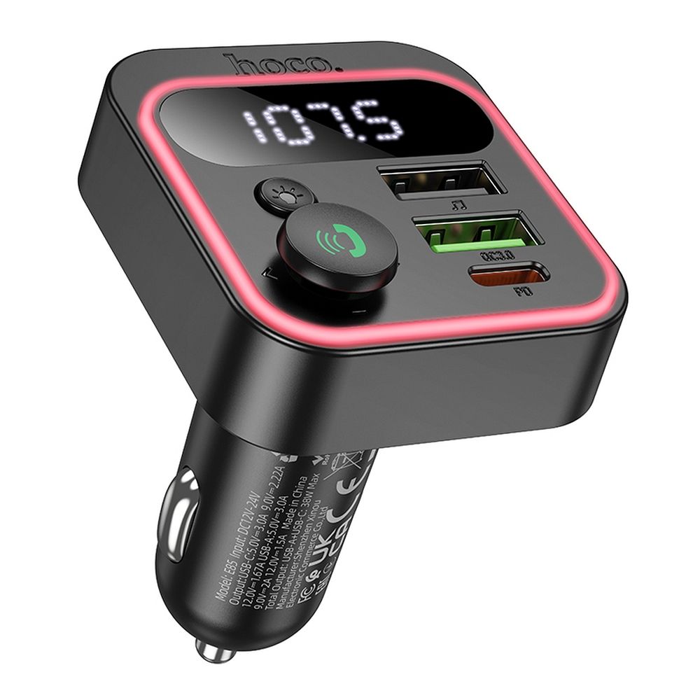 HOCO car transmitter FM bluetooth 2 x USB A + Type C PD QC3.0 20W E85 black