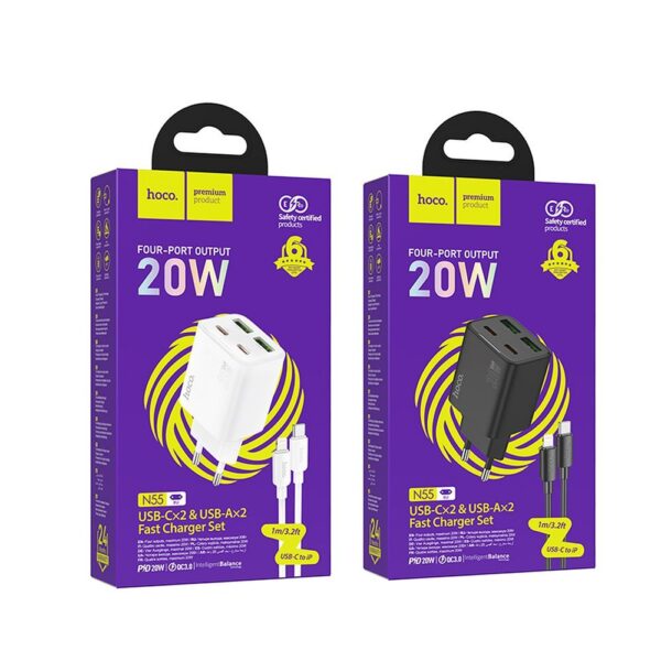 HOCO charger 2 x Type C + 2 x USB A + cable Type C to Lightning PD QC3.0 3A 20W N55 white