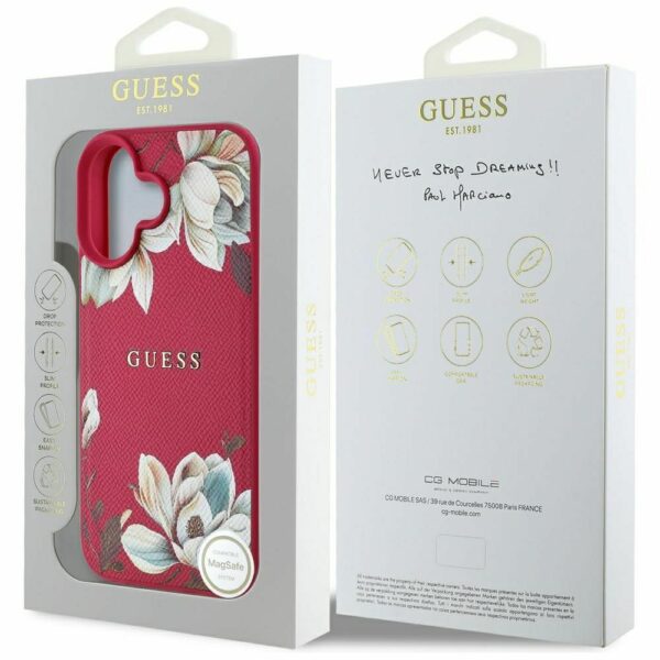 GUESS case for IPHONE 16 compatible with MagSafe GUHMP16SPGNMPLMF (PU Grained Flowers Classic Logo) fuschia