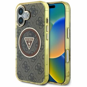 GUESS case for IPHONE 16 compatible with MagSafe GUHMP16SHG4PRTGW (IML Metal Glitter 4G Circle Triangle) brown