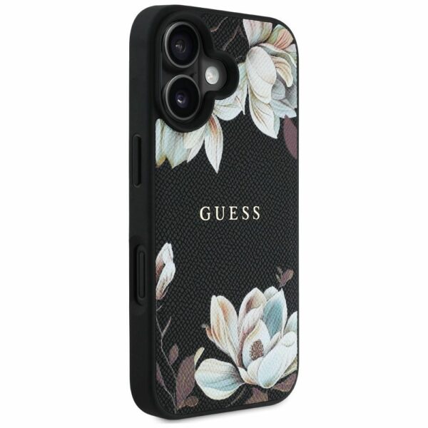 GUESS case for IPHONE 16 compatible with MagSafe GUHMP16SPGNMPLMK (PU Grained Flowers Classic Logo) black
