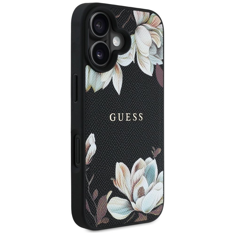 GUESS case for IPHONE 16 compatible with MagSafe GUHMP16SPGNMPLMK (PU Grained Flowers Classic Logo) black