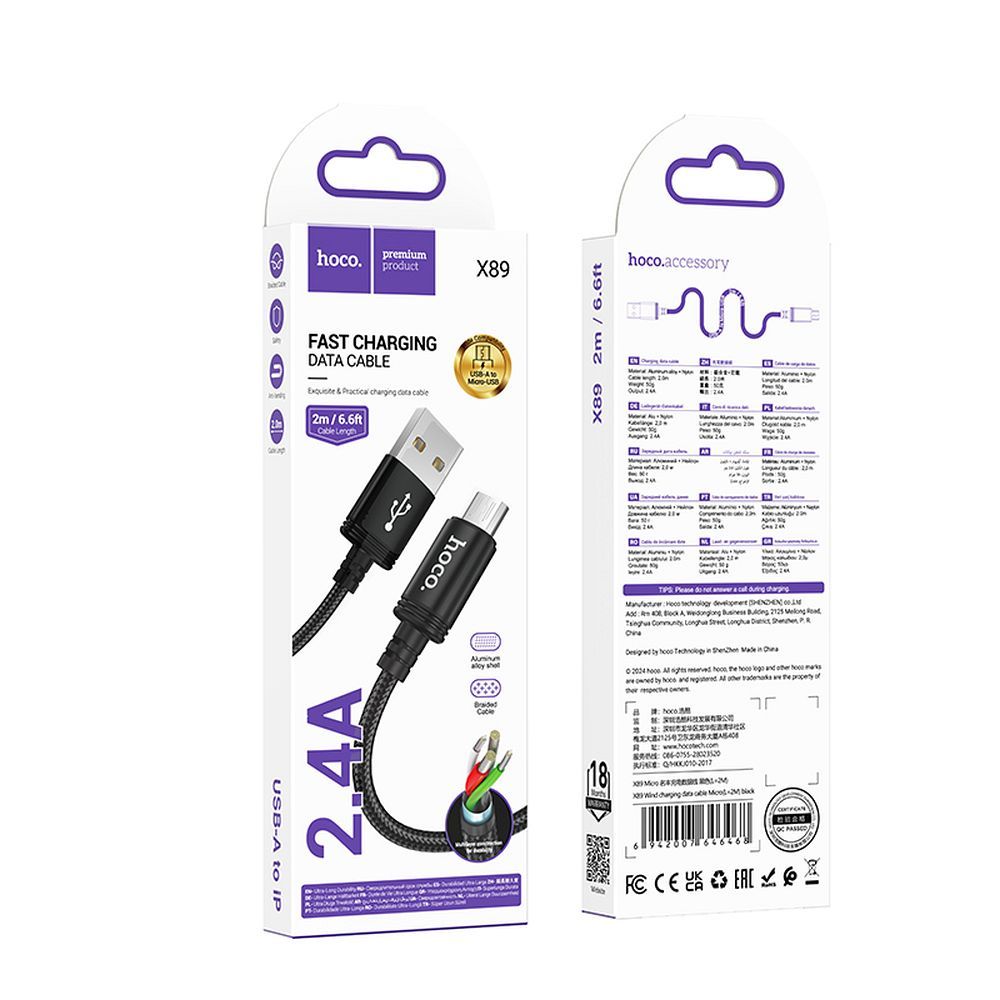 HOCO cable USB A to Micro USB 2,4A X89 2 m black