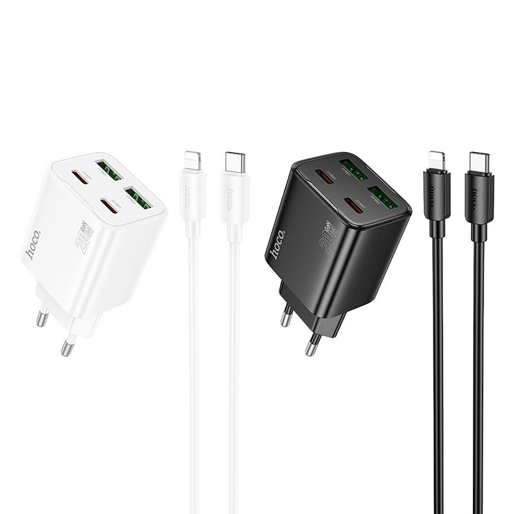 HOCO charger 2 x Type C + 2 x USB A + cable Type C to Lightning PD QC3.0 3A 20W N55 white