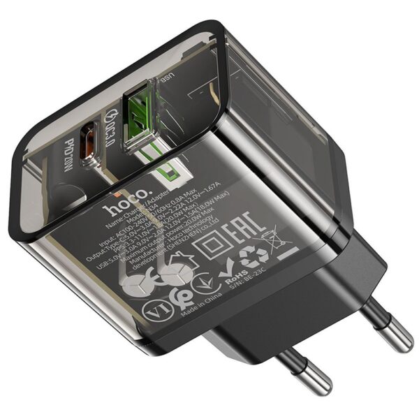 HOCO wall charger USB A + Type C PD QC3.0 3A 20W N34 transparent