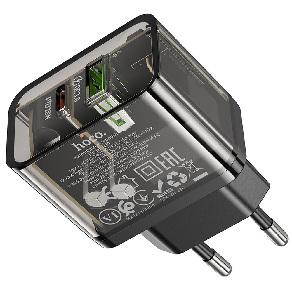 HOCO wall charger USB A + Type C PD QC3.0 3A 20W N34 transparent