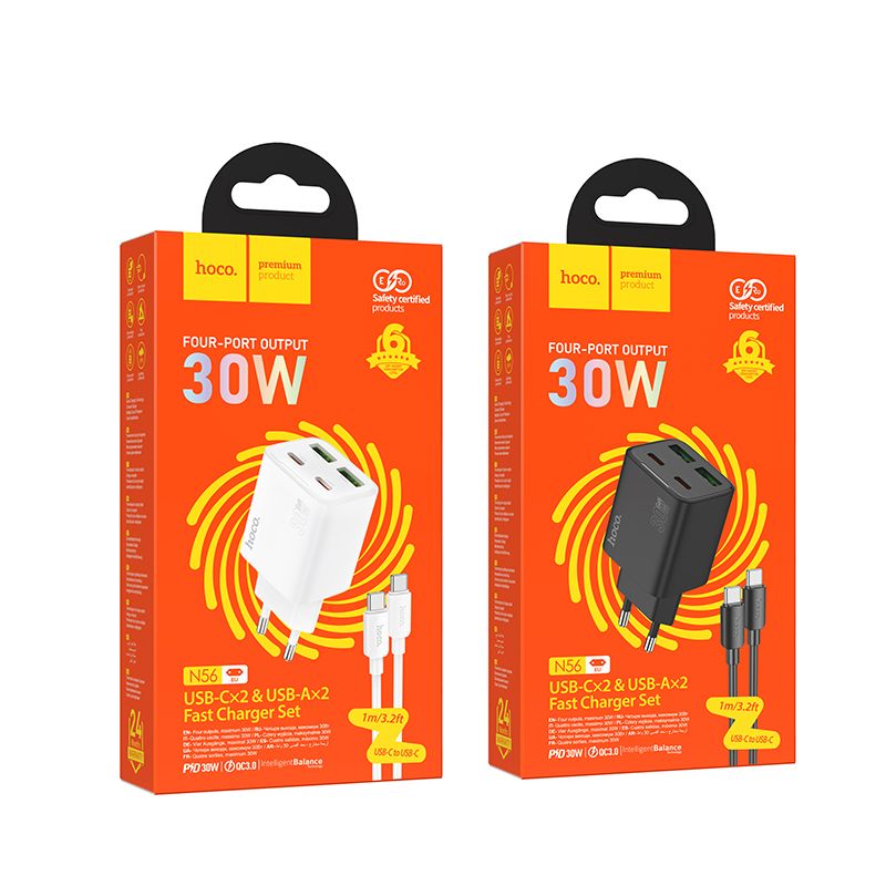 HOCO charger 2 x Type C + 2 x USB A + cable Type C to Type C PD QC3.0 3A 30W N56 black