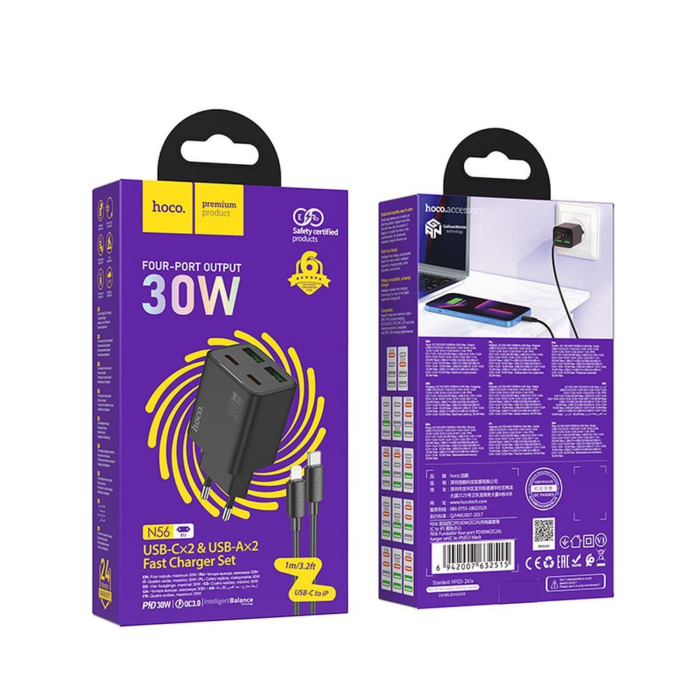 HOCO charger 2 x Type C + 2 x USB A + cable Type C to Lightning PD QC3.0 3A 30W N56 black