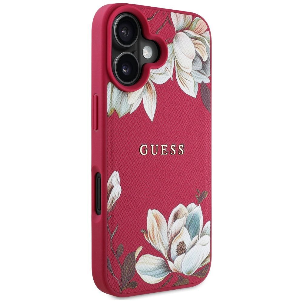 GUESS case for IPHONE 16 compatible with MagSafe GUHMP16SPGNMPLMF (PU Grained Flowers Classic Logo) fuschia