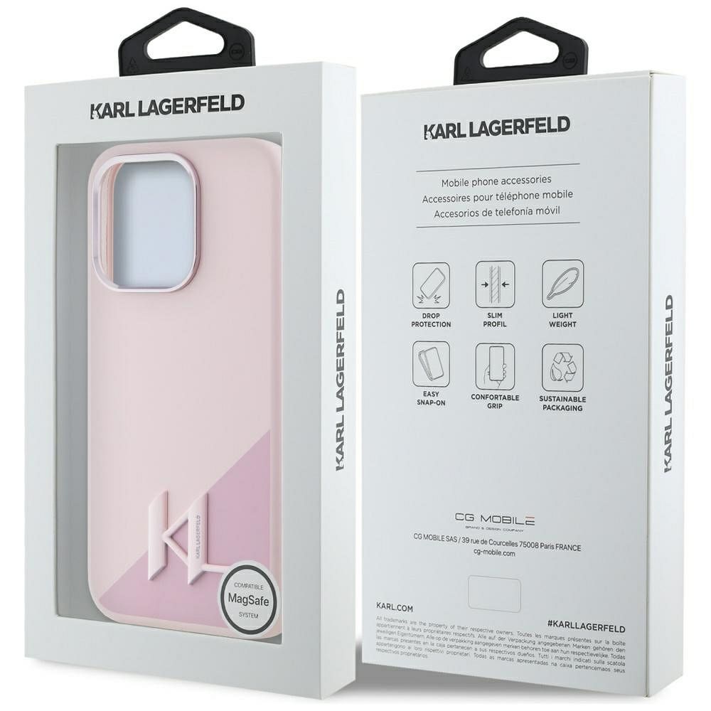 KARL LAGERFELD case for IPHONE 15 Pro Max compatible with MagSafe KLHMP15XSCMKMPCP (Silicone Initial Metal Logo) pink