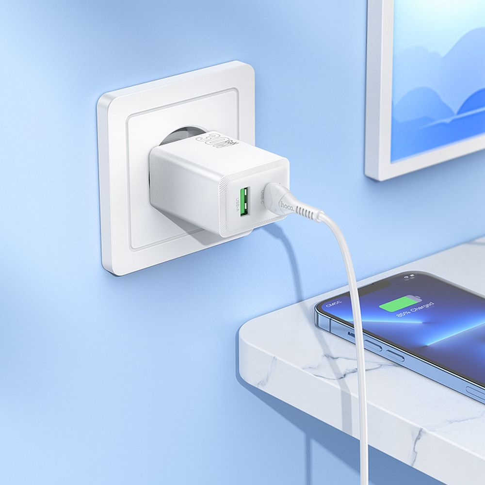 HOCO wall charger USB A + Type C + cable Type C to Type C 60W PD QC3.0 AFC 3A 30W N71 white