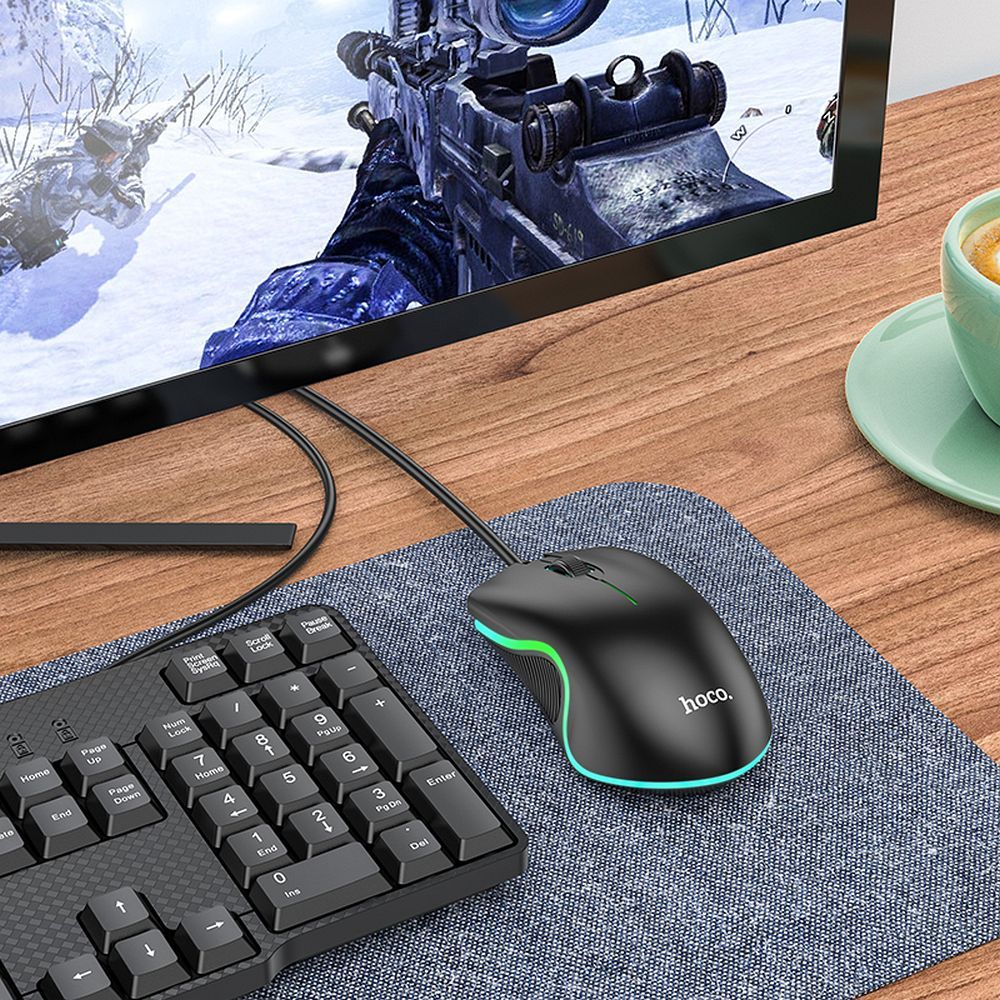HOCO wire computer mouse USB A 1000 DPI with flashing GM19 black