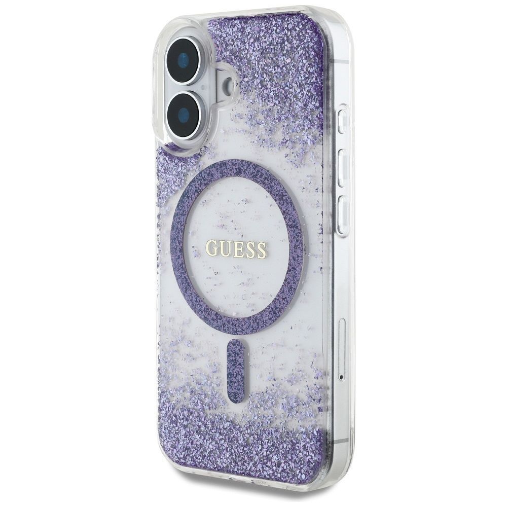 GUESS case for IPHONE 16 compatible with MagSafe GUHMP16SRGRGEU (Resin Bottom Glitter) purple
