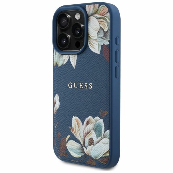 GUESS case for IPHONE 16 Pro compatible with MagSafe GUHMP16LPGNMPLMB (PU Grained Flowers Classic Logo) blue