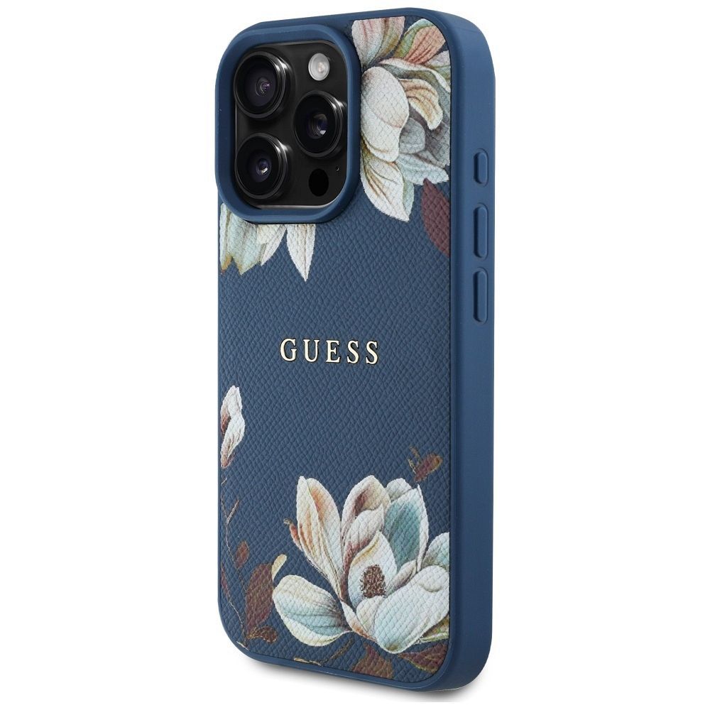 GUESS case for IPHONE 16 Pro compatible with MagSafe GUHMP16LPGNMPLMB (PU Grained Flowers Classic Logo) blue