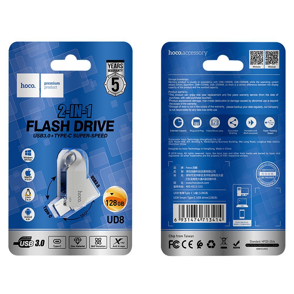 HOCO pendrive USB A + USB C UD8 128GB USB3.0