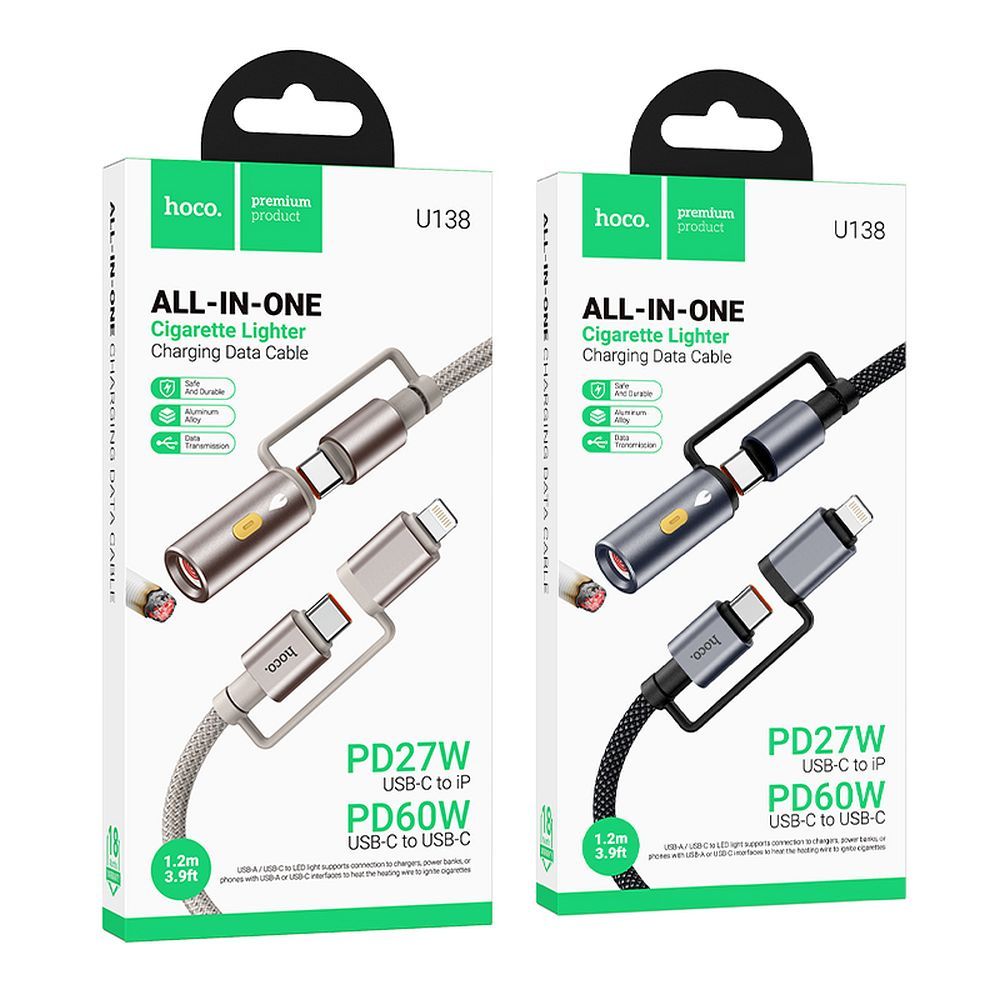 HOCO cable All-in-one Type C / Lightning to Type C / Cigarette lighter PD 3A 60W U138 1,2 m black