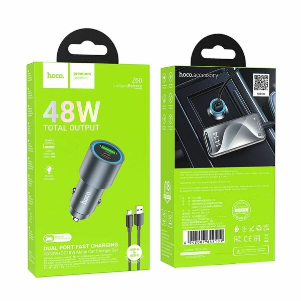 HOCO car charger USB A + Type C + cable USB A to Type C PD QC3.0 48W Z60 black