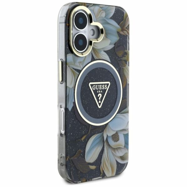 GUESS case for IPHONE 16 compatible with MagSafe GUHMP16SHFLPEDK (IML Metal Glitter Flowers Triangle) black
