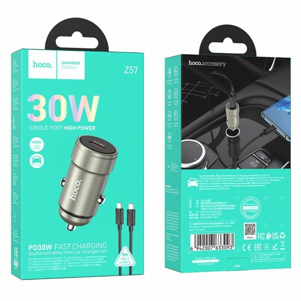 HOCO car charger Type C + cable Type C to Type C PD QC 30W Z57 metal gray