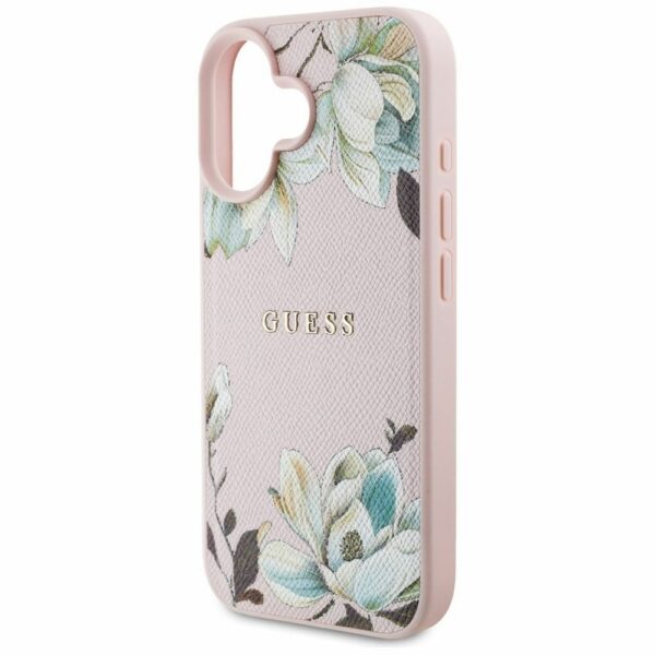 GUESS case for IPHONE 16 compatible with MagSafe GUHMP16SPGNMPLMP (PU Grained Flowers Classic Logo) pink
