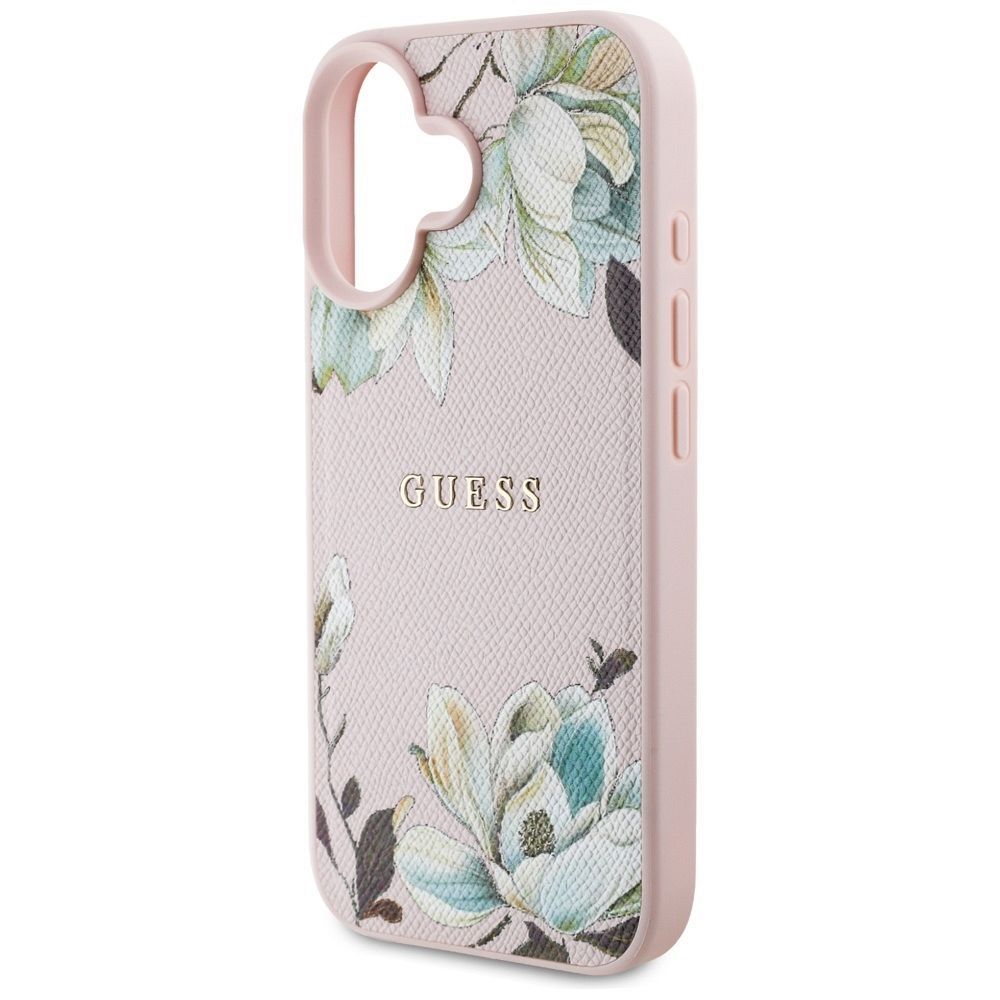 GUESS case for IPHONE 16 compatible with MagSafe GUHMP16SPGNMPLMP (PU Grained Flowers Classic Logo) pink