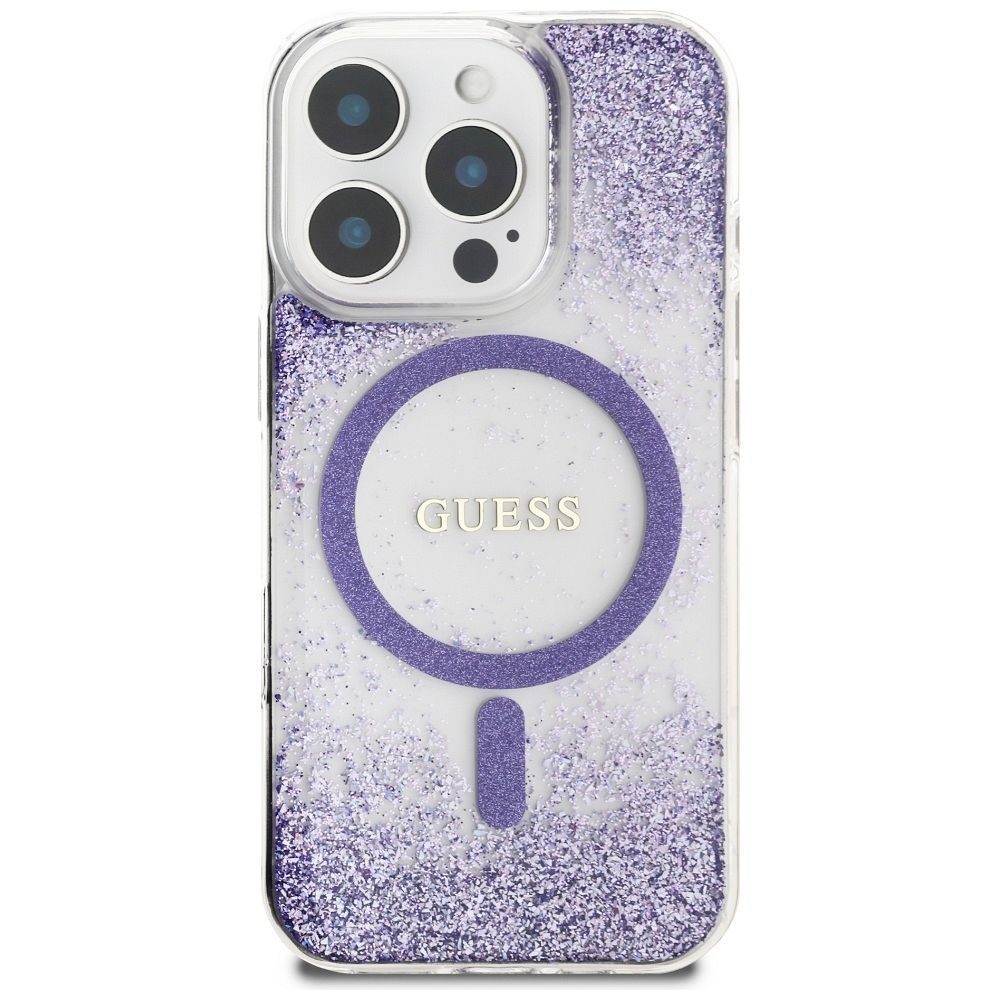 GUESS case for IPHONE 16 Pro compatible with MagSafe GUHMP16LRGRGEU (Resin Bottom Glitter) purple