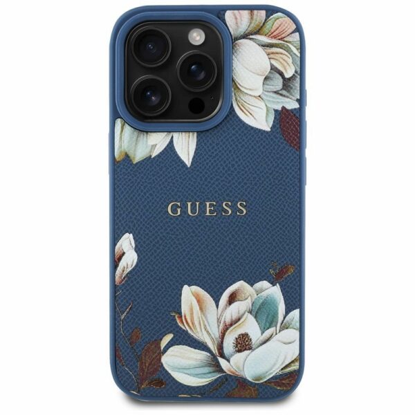 GUESS case for IPHONE 16 Pro compatible with MagSafe GUHMP16LPGNMPLMB (PU Grained Flowers Classic Logo) blue