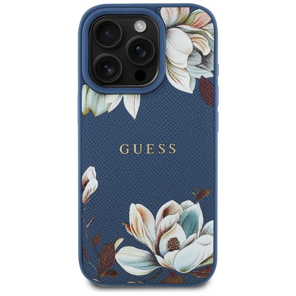 GUESS case for IPHONE 16 Pro compatible with MagSafe GUHMP16LPGNMPLMB (PU Grained Flowers Classic Logo) blue