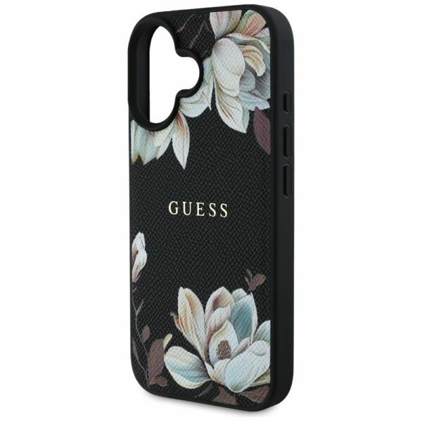 GUESS case for IPHONE 16 compatible with MagSafe GUHMP16SPGNMPLMK (PU Grained Flowers Classic Logo) black