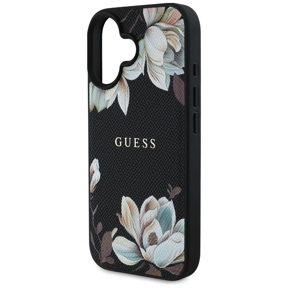 GUESS case for IPHONE 16 compatible with MagSafe GUHMP16SPGNMPLMK (PU Grained Flowers Classic Logo) black