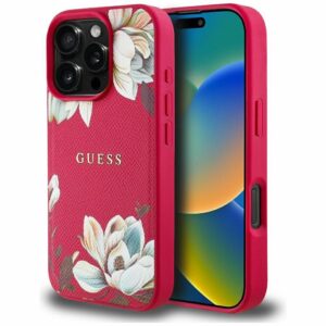 GUESS case for IPHONE 16 Pro compatible with MagSafe GUHMP16LPGNMPLMF (PU Grained Flowers Classic Logo) fuschia