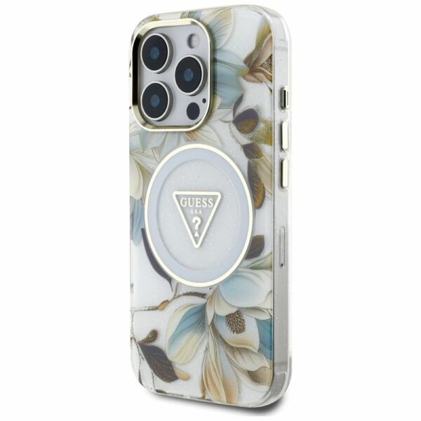 GUESS case for IPHONE 16 Pro compatible with MagSafe GUHMP16LHFLPEDH (IML Metal Glitter Flowers Triangle) white