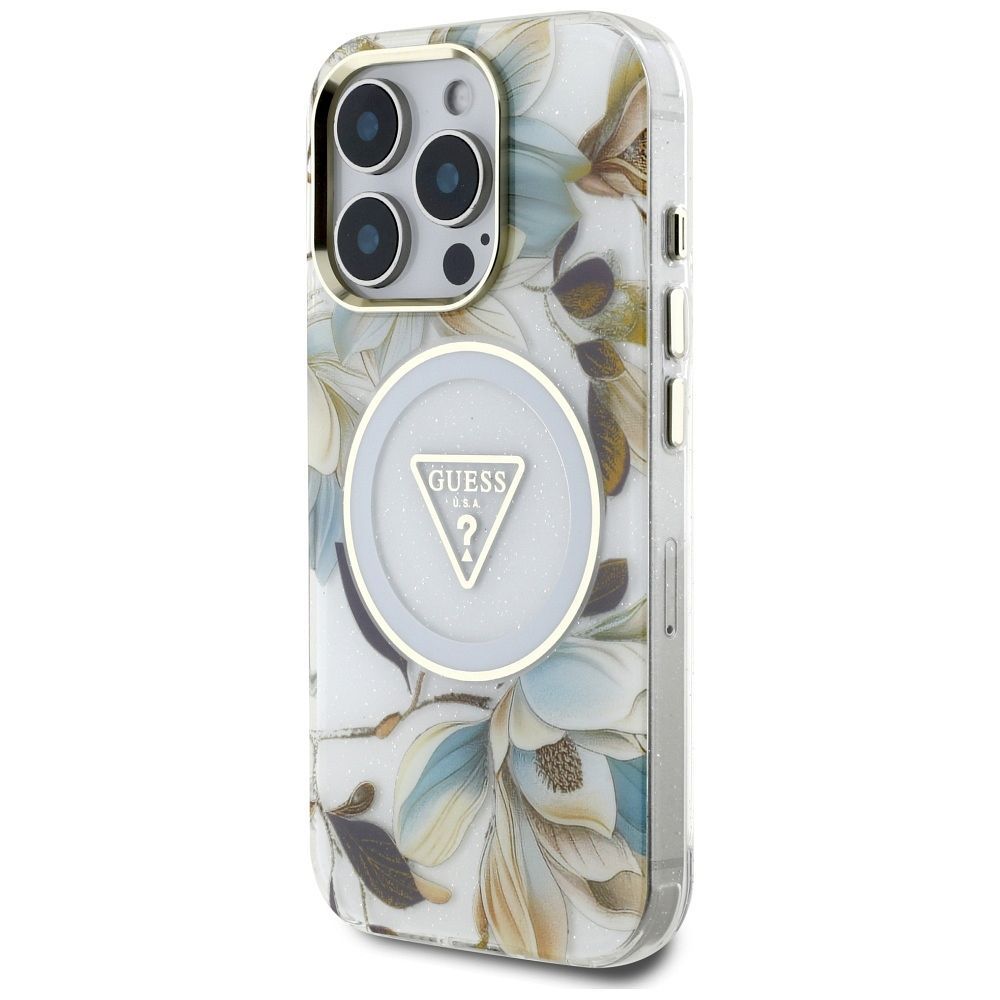 GUESS case for IPHONE 16 Pro compatible with MagSafe GUHMP16LHFLPEDH (IML Metal Glitter Flowers Triangle) white