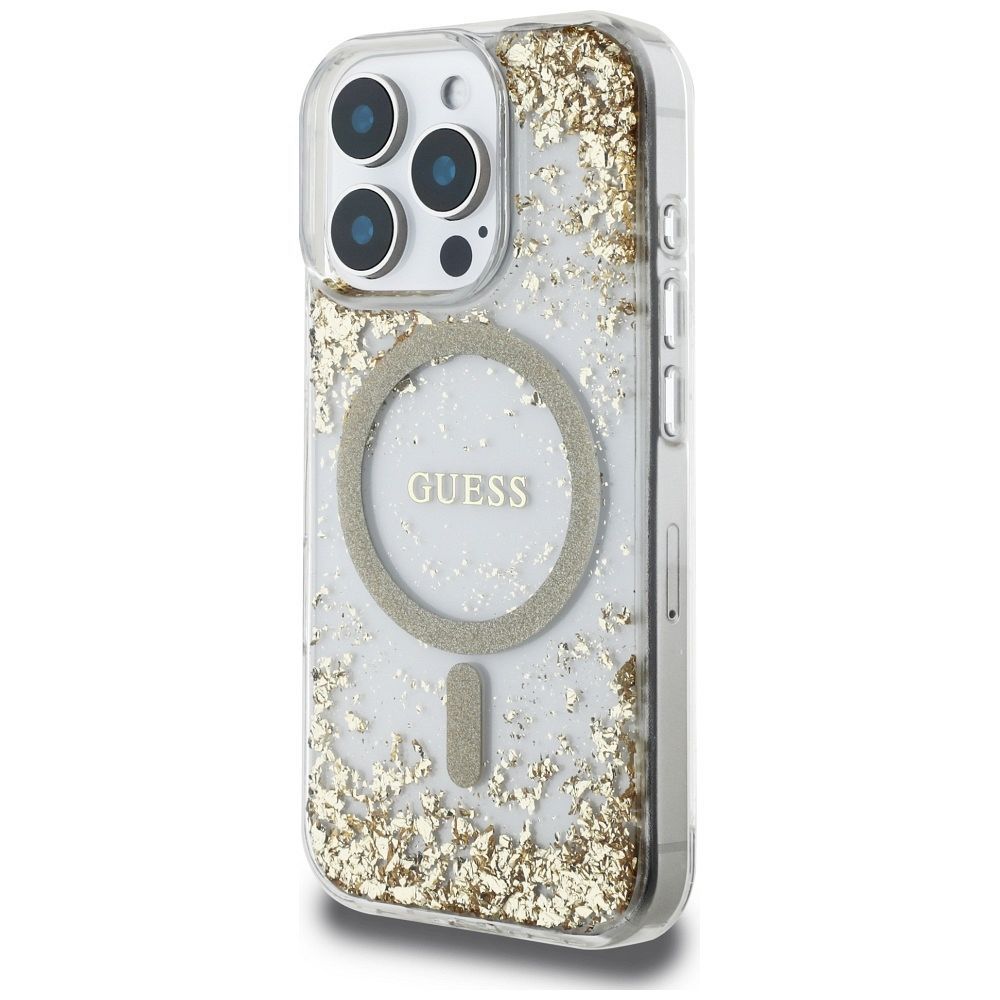 GUESS case for IPHONE 16 Pro compatible with MagSafe GUHMP16LRGRGED (Resin Bottom Glitter) gold