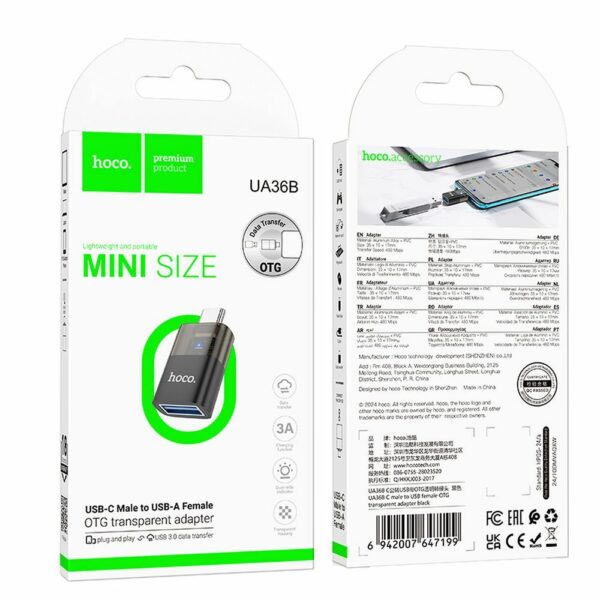 HOCO OTG Adapter Type-C σε USB Μαύρο Διάφανο UA36B