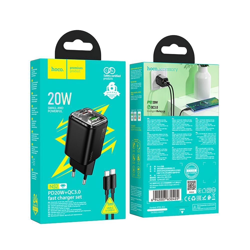 HOCO wall charger USB A + Type C + cable Type C to Type C PD QC3.0 3A 20W N34 transparnent
