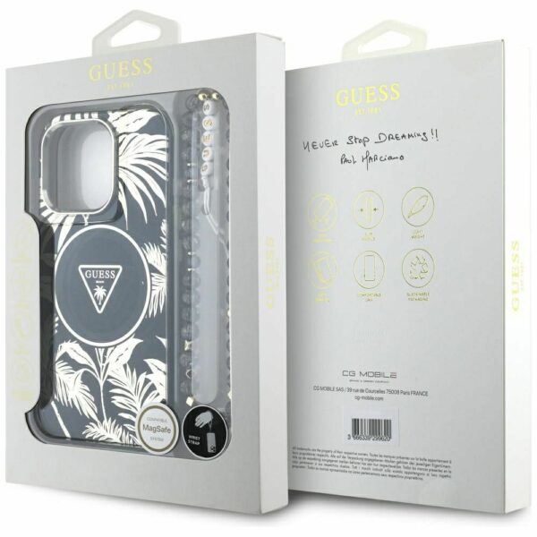 GUESS case for IPHONE 16 Pro Max compatible with MagSafe GUHMP16XHPCTPLSK (IML Palm Trees Triangle W/ Pearl Strap) black