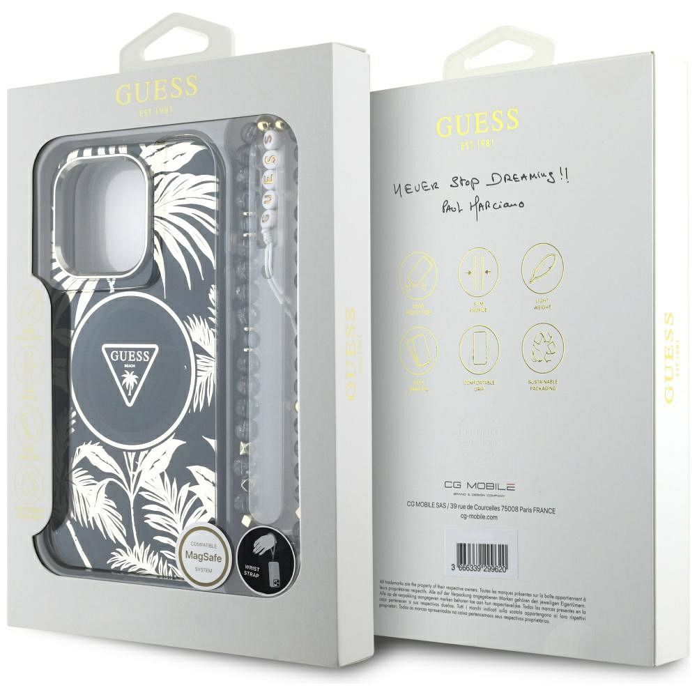 GUESS case for IPHONE 16 Pro Max compatible with MagSafe GUHMP16XHPCTPLSK (IML Palm Trees Triangle W/ Pearl Strap) black