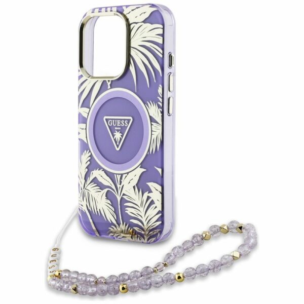 GUESS case for IPHONE 16 Pro compatible with MagSafe GUHMP16LHPCTPLSU (IML Palm Trees Triangle W/ Pearl Strap) purple