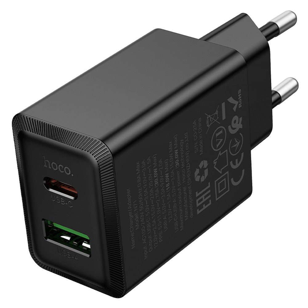 HOCO wall charger USB A + Type C PD QC3.0 AFC 3A 30W N71 black
