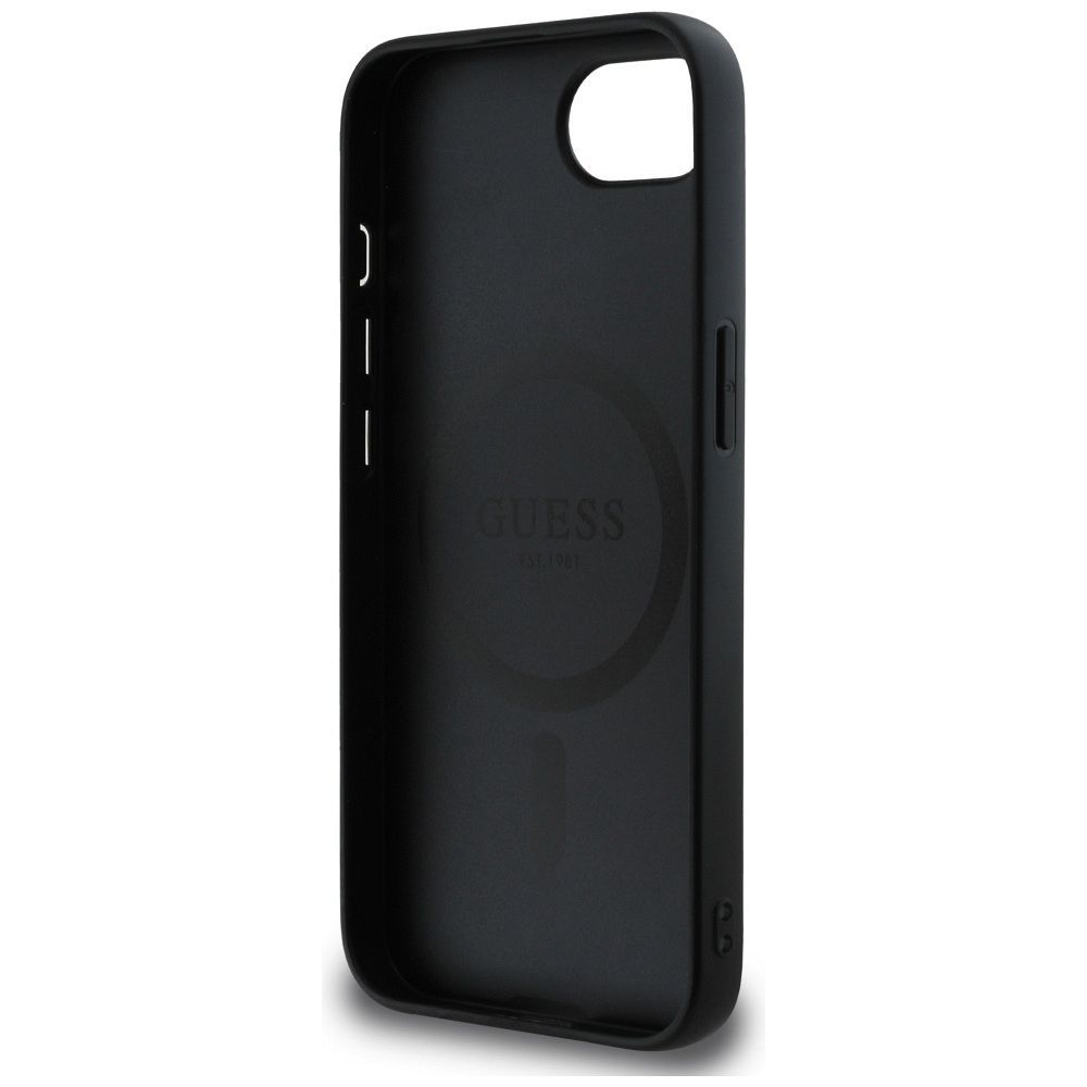 GUESS case for IPHONE 16e (SE 4 2025) compatible with MagSafe GUHMPSE4PGBTMK (Grained PU Hot Stamp Peony Triangle Logo) black