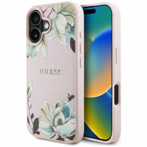 GUESS case for IPHONE 16 compatible with MagSafe GUHMP16SPGNMPLMP (PU Grained Flowers Classic Logo) pink